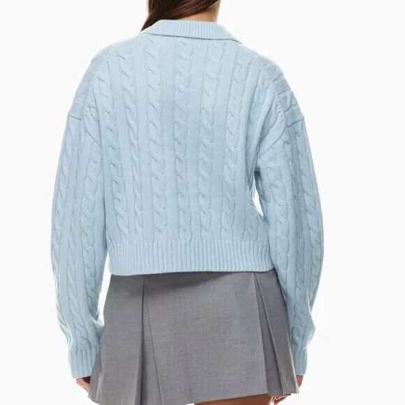 Aritzia Sunday Best Wool Lottie V-Neck Cable Knit Polo Sweater Light Blue XS - Picture 3 of 8